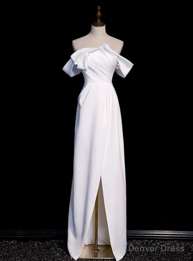 White Satin Off the Shoulder Pleats Split Wedding Dress Main image