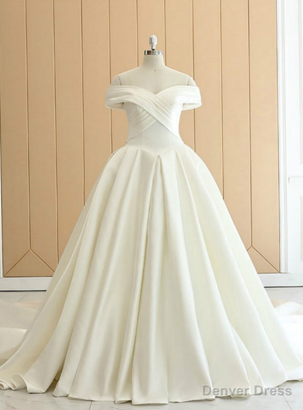 White Satin Off The Shoulder Pleats Wedding Dress With Train