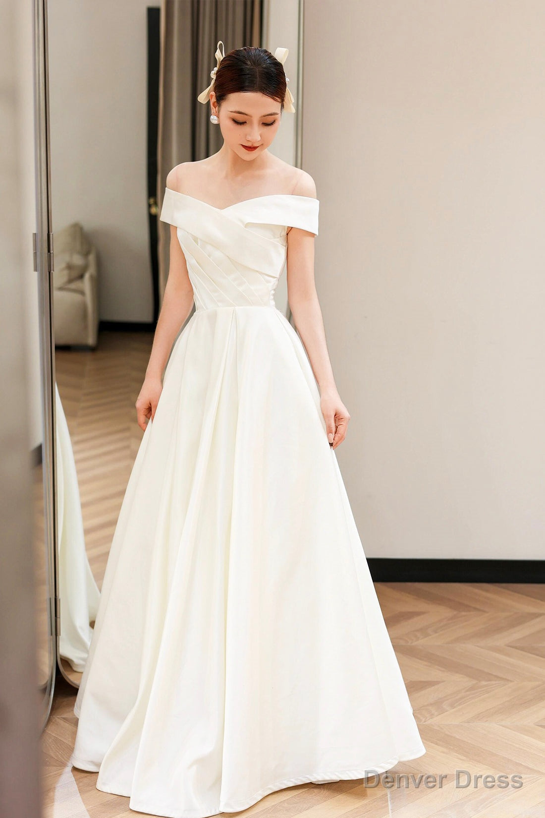 White Satin Off the Shoulder Prom Dress, A Line Floor Length Prom Dresses