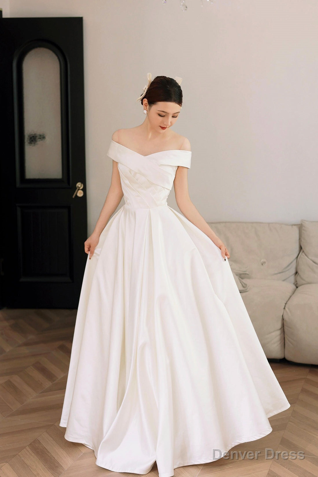 White Satin Off the Shoulder Prom Dress, A Line Floor Length Prom Dresses Main image