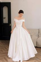White Satin Off the Shoulder Prom Dress, A Line Floor Length Prom Dresses