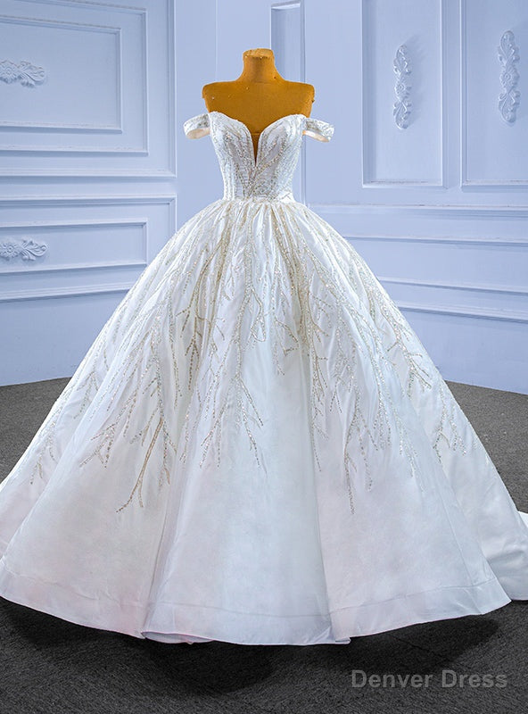 White Satin Off the Shoulder Sequins Appliques Wedding Dress Main image