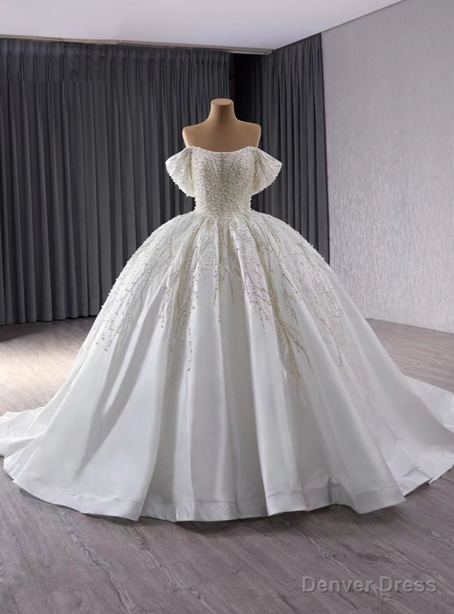 White Satin Off the Shoulder Sequins Pearls Wedding Dresses