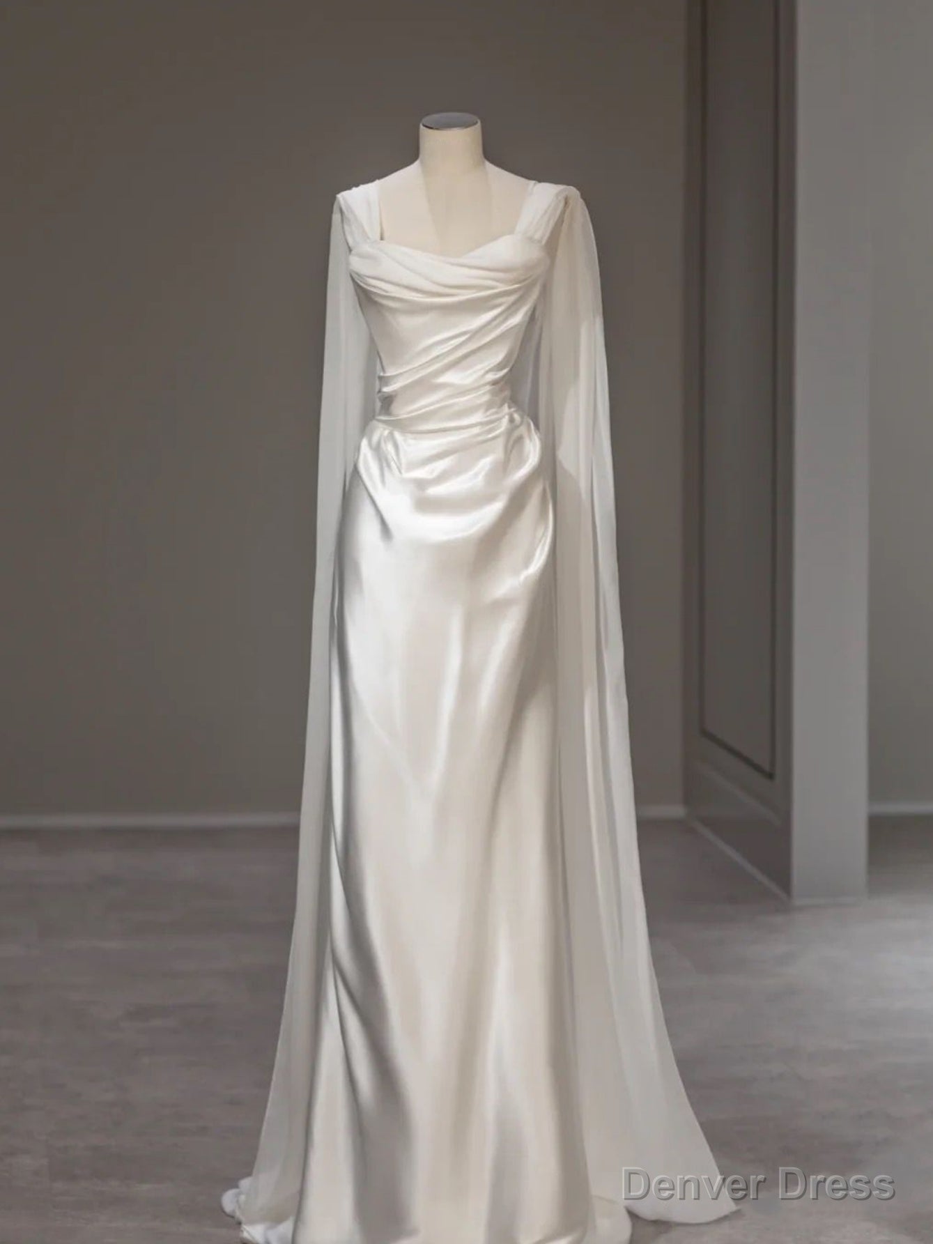 White Satin Pleats Straps Wedding Dresses