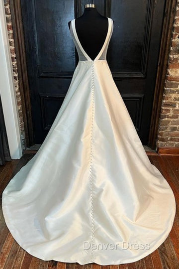 White Satin Plunging Neck Bow Back A Line Long Wedding Dresses V Neck