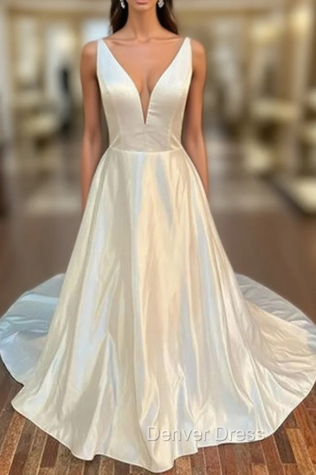 White Satin Plunging Neck Bow-Back A-Line Long Wedding Dresses V-Neck Main image