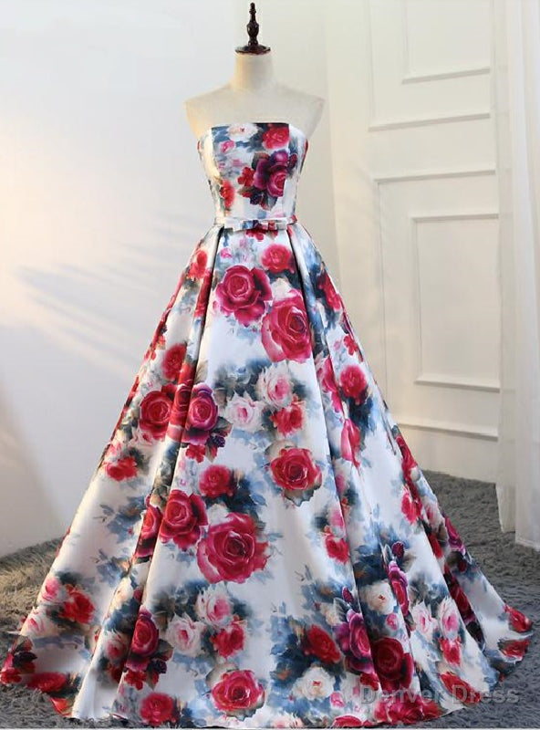 White Satin Print Strapless Vintage Quinceanera Dress Main image