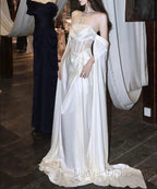 White Satin Prom Dresses Satin A-Line Long Scoop Long Evening Dresses