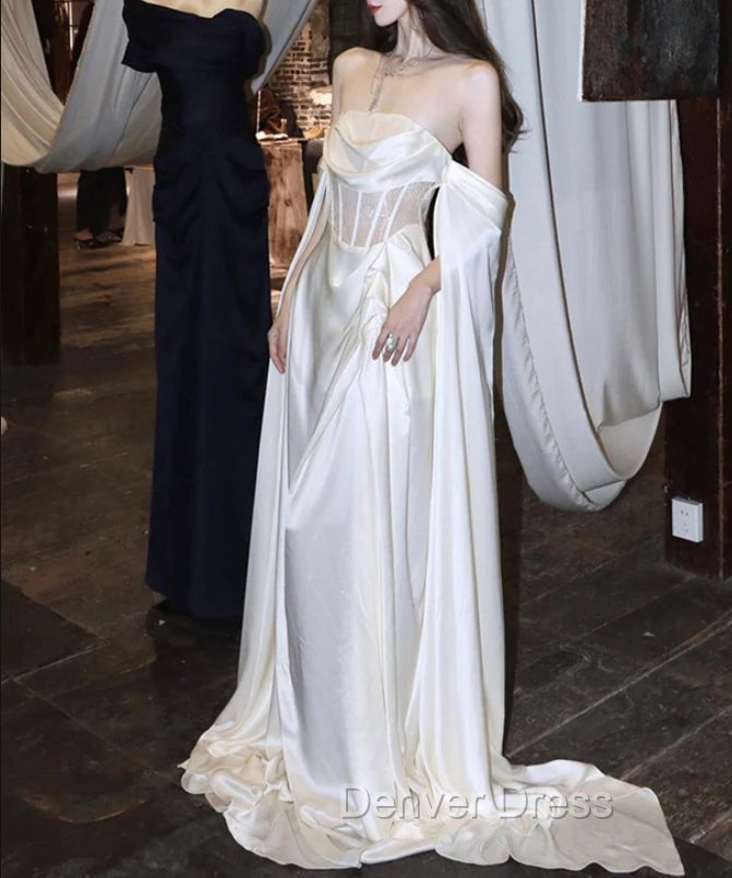 White Satin Prom Dresses Satin A-Line Long Scoop Long Evening Dresses