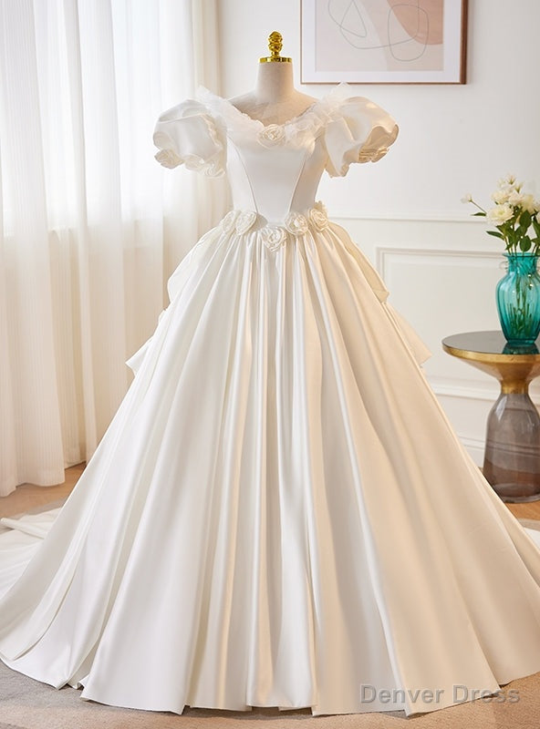 White Satin Puff Sleeve Backless Flower Wedding Dress