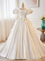 White Satin Puff Sleeve Backless Flower Wedding Dress