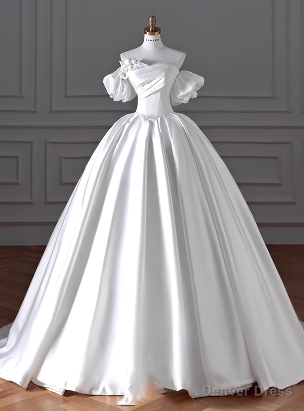 White Satin Puff Sleeve Beading Wedding Dress Main image