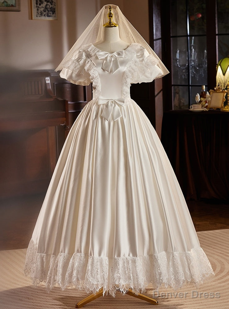 White Satin Puff Sleeve Bow Wedding Dress Main image