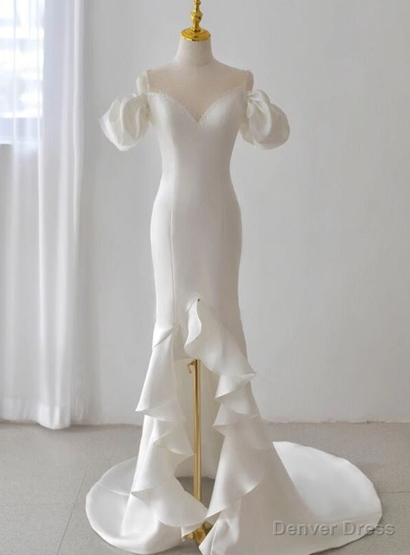 White Satin Sheath Puff Sleeve Beading Wedding Dresses