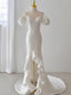 White Satin Sheath Puff Sleeve Beading Wedding Dresses