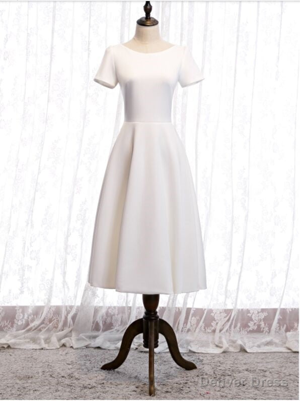 White Satin Short Sleeve Lace Back Short Prom Dress Main image