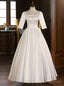 White Satin Short Sleeve Lace Button Wedding Dresses