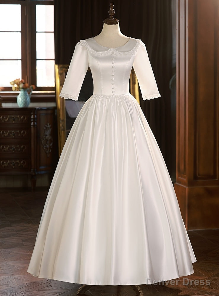 White Satin Short Sleeve Lace Button Wedding Dress Main image
