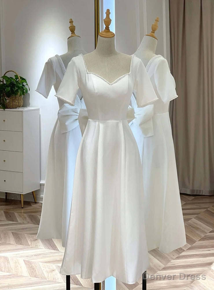 White Satin Short Sleeve Short Wedding Dress Main image
