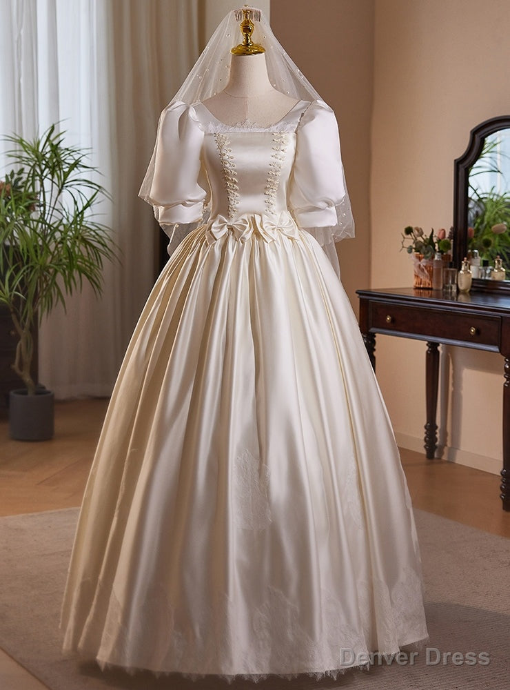 White Satin Short Sleeve Wedding Dress Main image