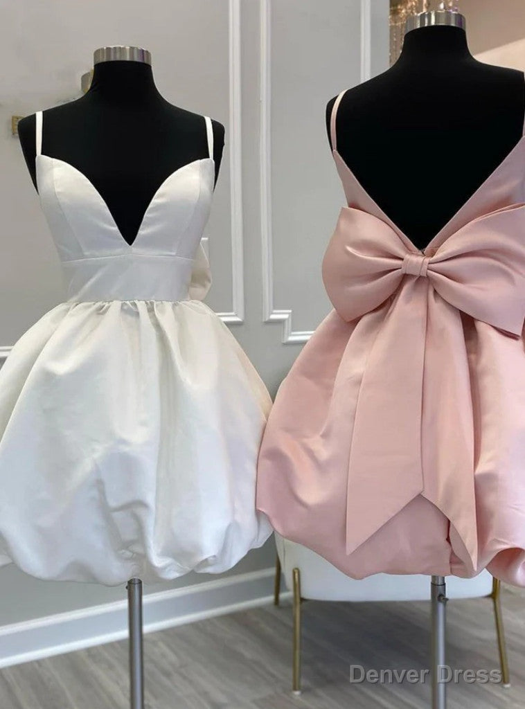 White Satin Spaghetti Straps Bow Homecoming Dresses Main image