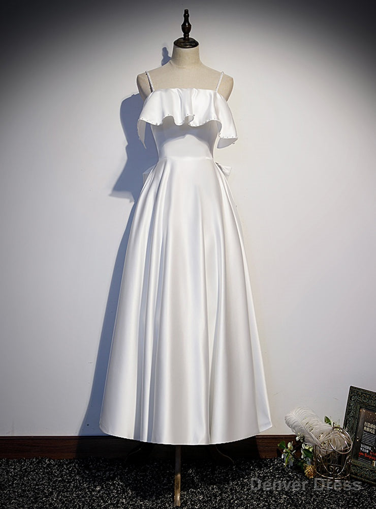 White Satin Spaghetti Straps Pearls Prom Dresses Main image