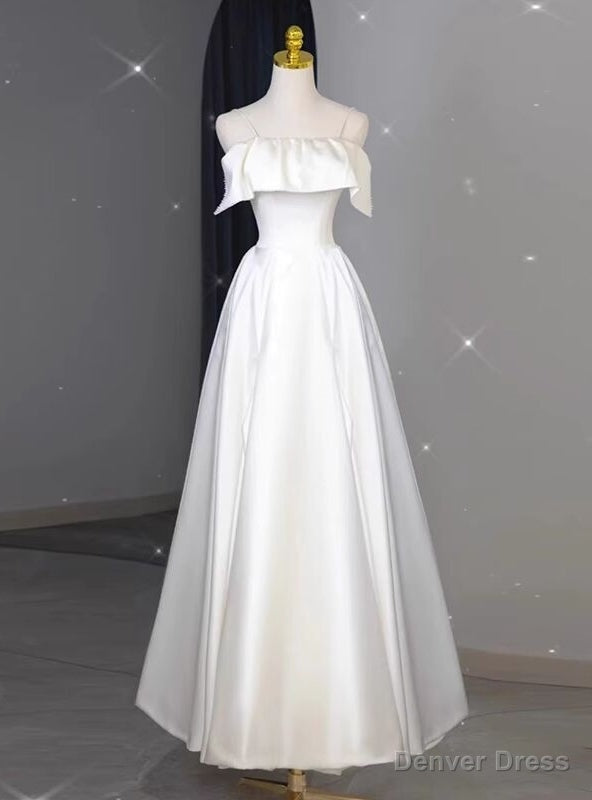White Satin Spaghetti Straps Pearls Wedding Dresses Main image