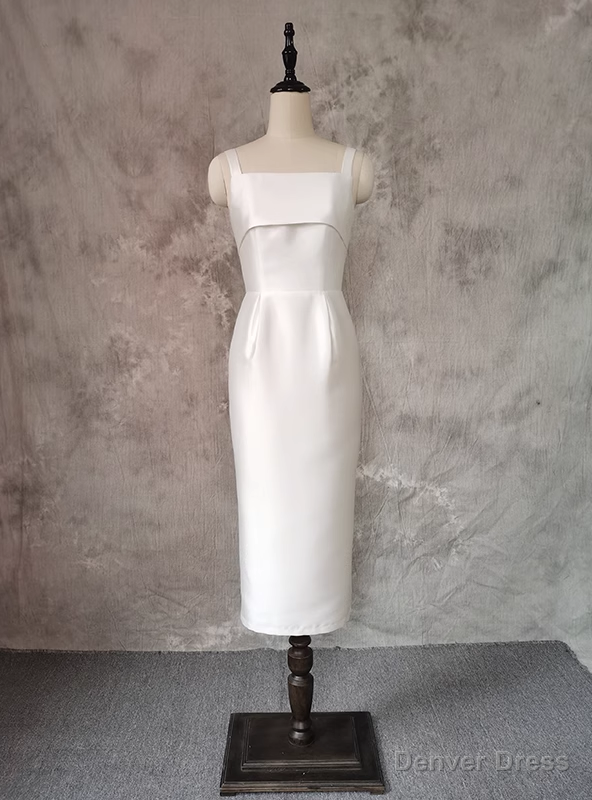 White Satin Spaghetti Straps Tea Length Wedding Dress Main image