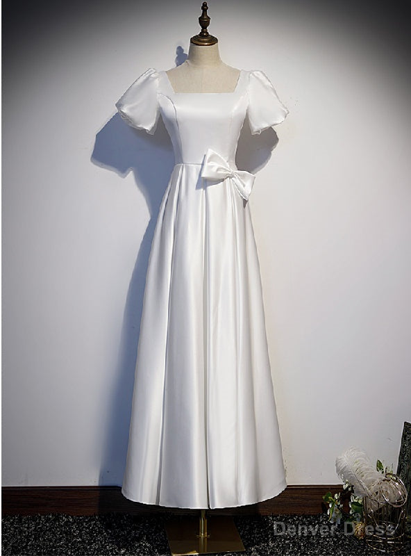 White Satin Square Puff Sleeve Bow Prom Dresses