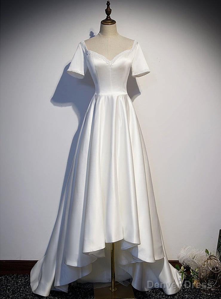White Satin Square Short Sleeve Pearls Prom Dresses