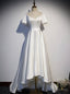 White Satin Square Short Sleeve Pearls Prom Dresses