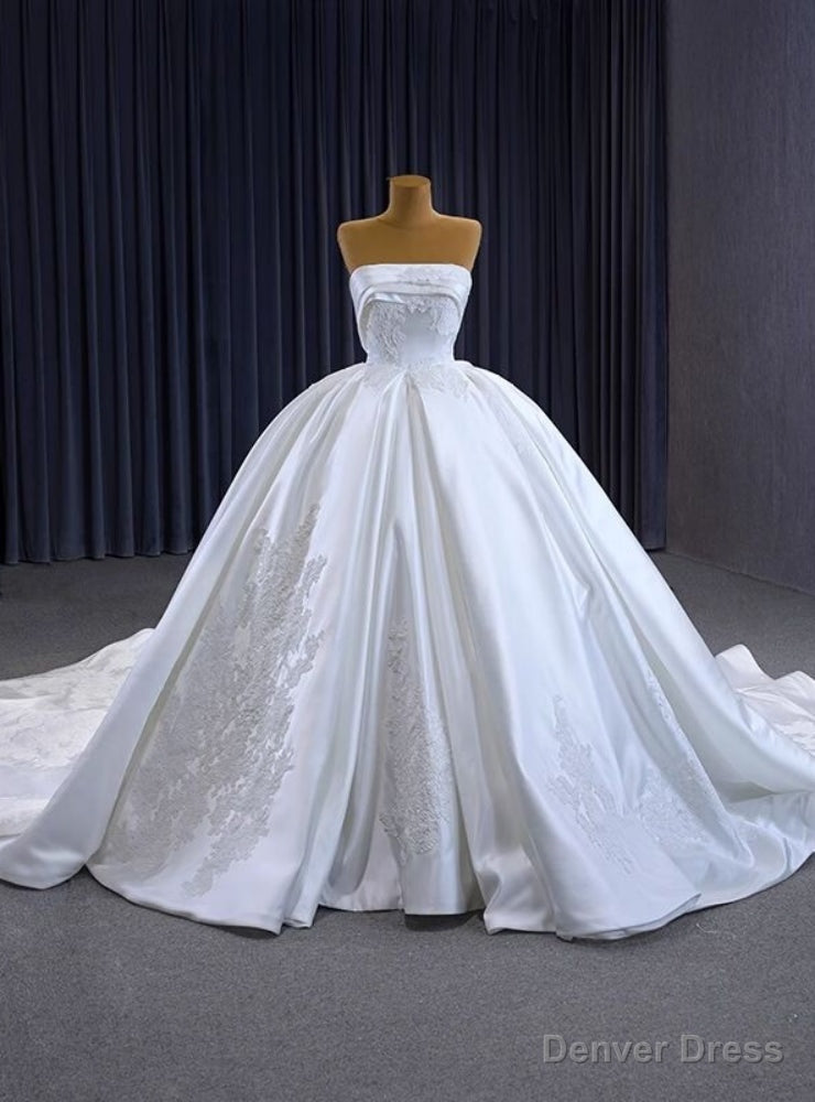 White Satin Strapless Appliques Wedding Dress With Train Main image