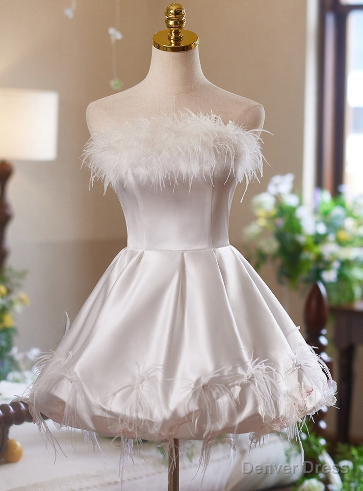 White Satin Strapless Feather Homecoming Dresses Main image