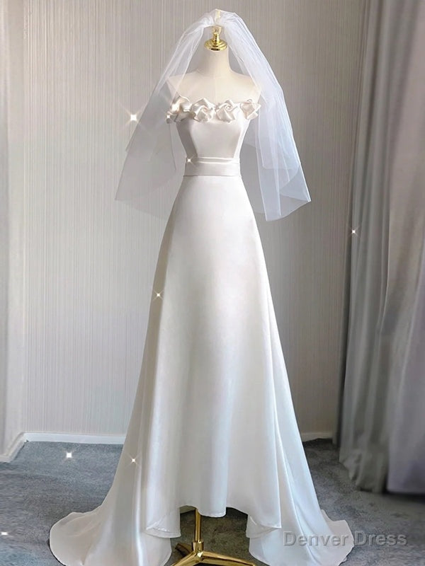 White Satin Strapless Flower Wedding Dresses
