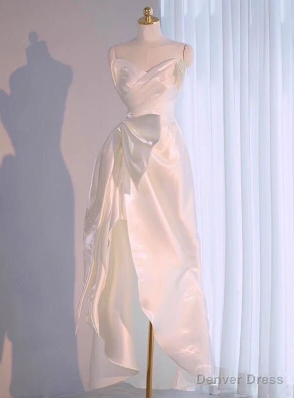 White Satin Strapless Pleats Bow Wedding Dress Main image