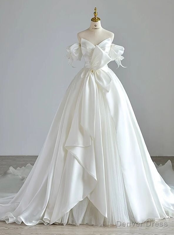 White Satin Strapless Puff Sleeve Wedding Dresses