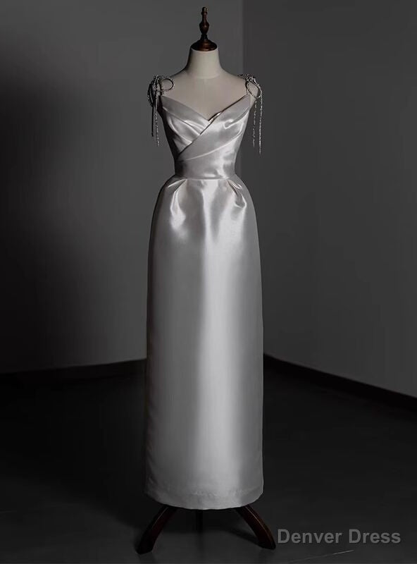 White Satin Straps Beading Short Wedding Dresses