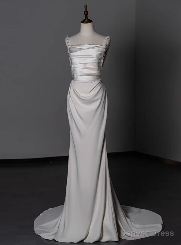 White Satin Straps Beading Wedding Dresses Main image