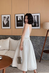 White Satin Tea Length Prom Dress, White Evening Dress