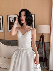 White Satin Tea Length Prom Dress, White Evening Dress