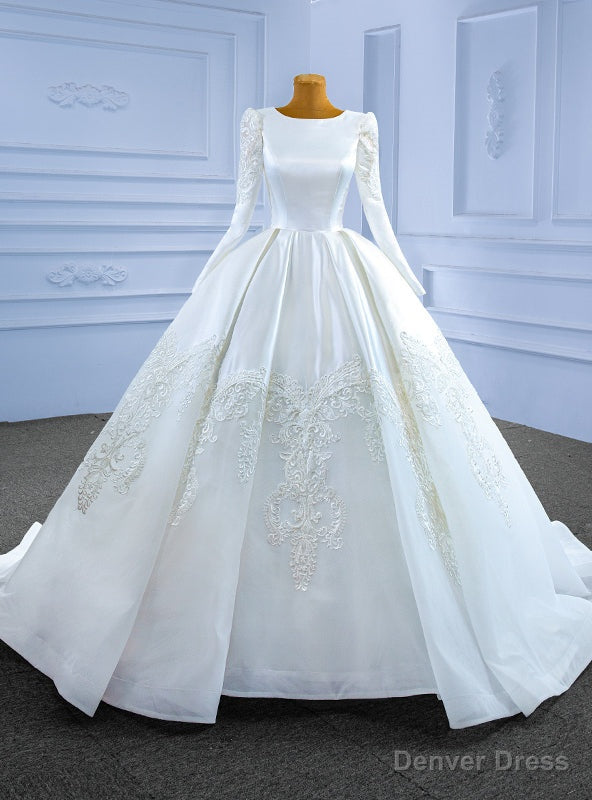 White Satin Tulle Long Sleeve Appliques Wedding Dresses
