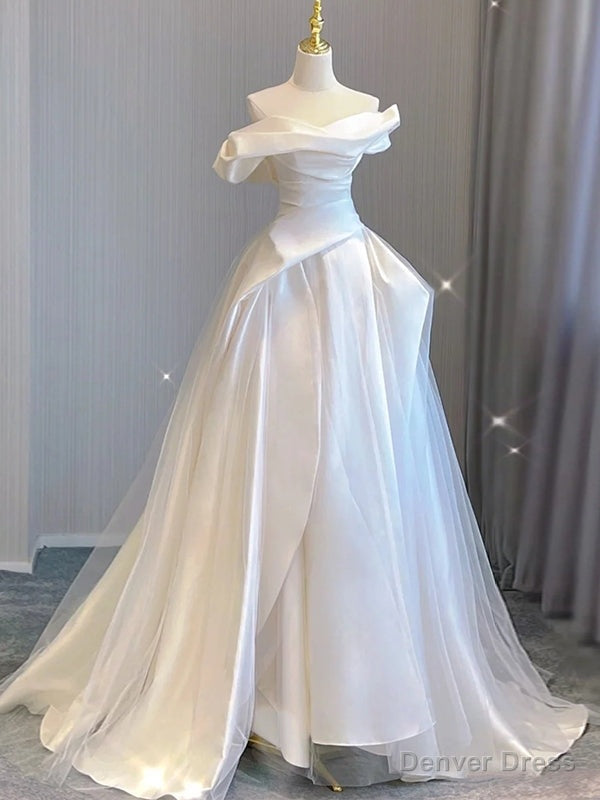 White Satin Tulle Off the Shoulder Pleats Wedding Dress Main image