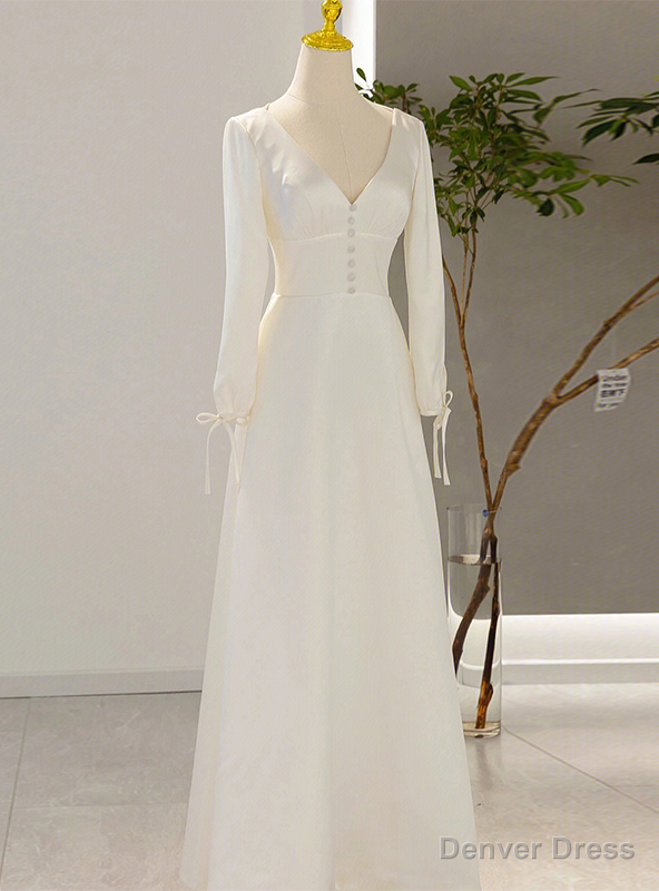 White Satin V Neck Backless Long Sleeve Wedding Dresses