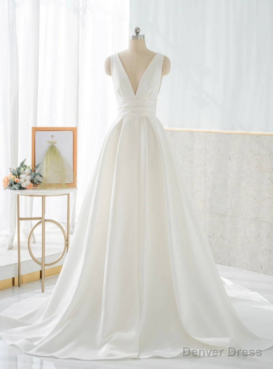 White Satin V Neck Backless Pleats Wedding Dresses