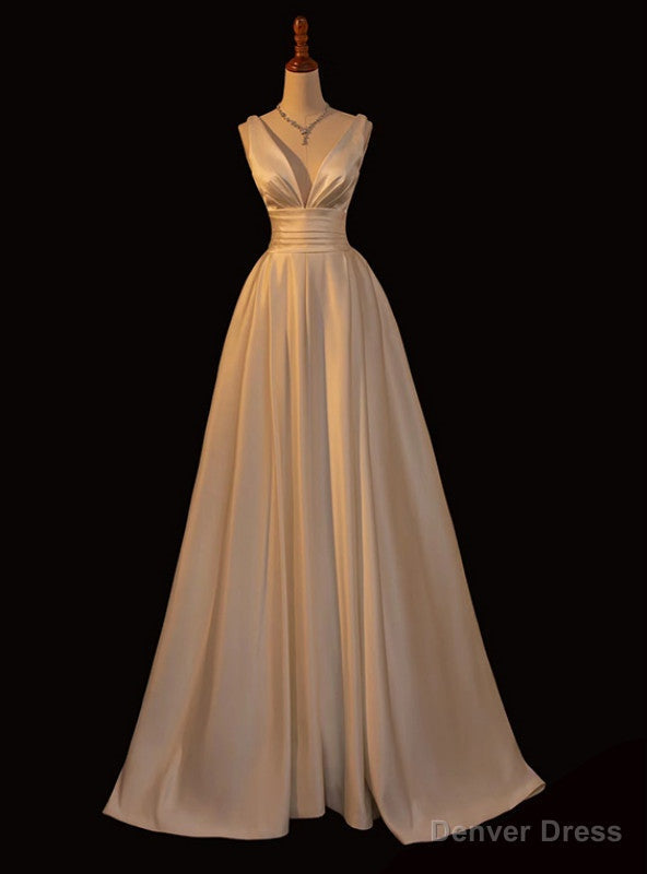 White Satin V Neck Pleats Wedding Dresses
