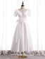 White Satin V Neck Puff Sleeve Bow Prom Dresses