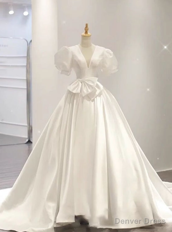White Satin V-neck Puff Sleeve Bow Wedding Dress Main image