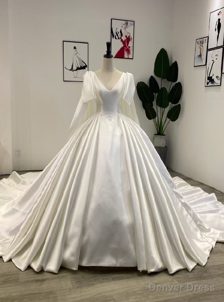 White Satin V-neck Wedding Dress With Long Train Main image