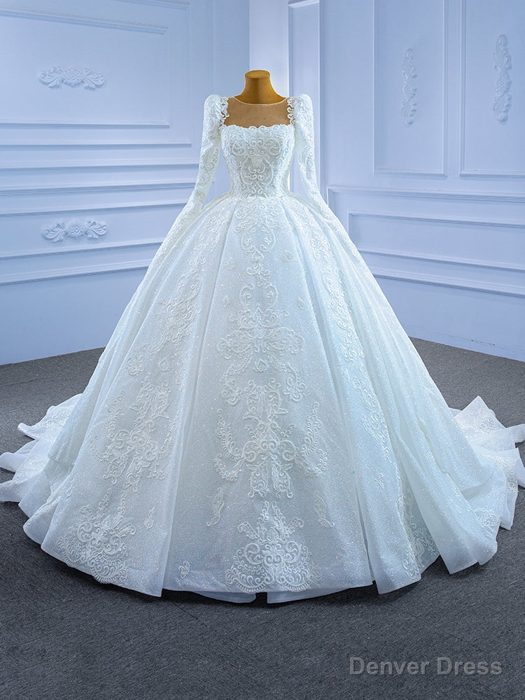 White Sequins Appliques Long Sleeve Beading Wedding Dress