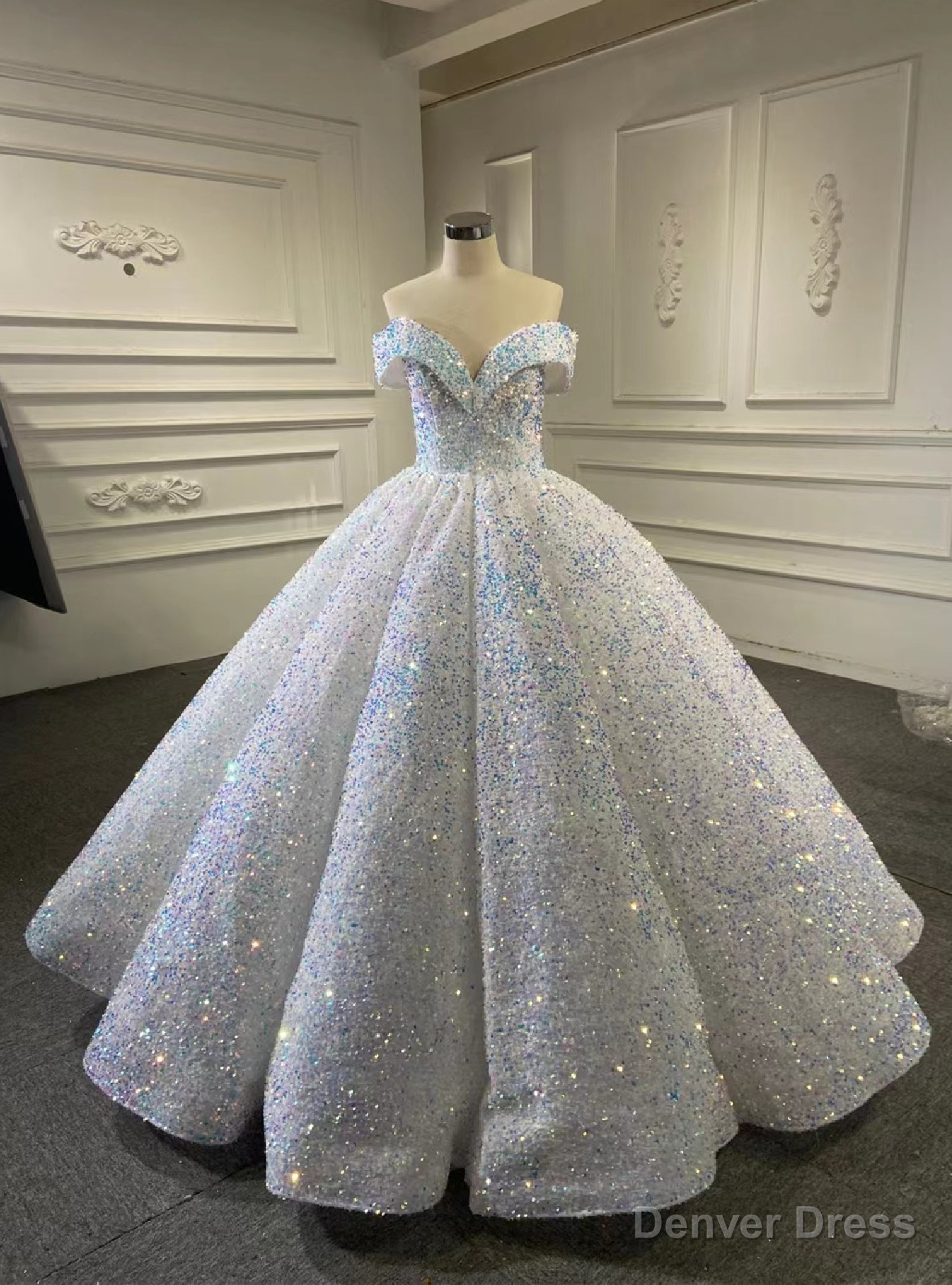 White Sequins Ball Gowns Off the Shoulder Prom Dresses